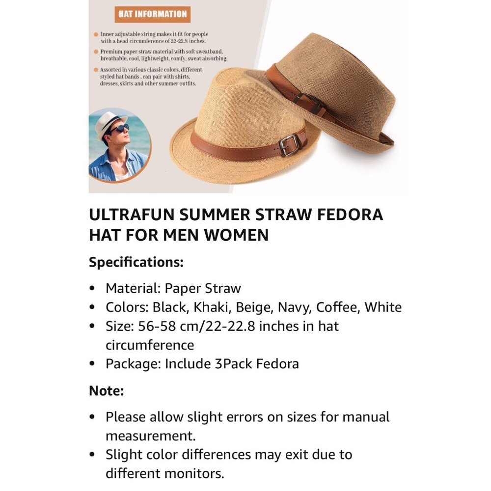 Ultrafun Straw Fedora Hat Beige Summer Beach Travel Hat Uni preowned - Picture 10 of 10